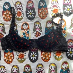 Moschino black sheer under wire bra with Velvet Red Hearts and Black Silk Bow